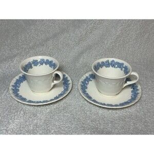 Wedgewood Embossed Queensware Cup & Saucer Ivory And Blue Set of 2